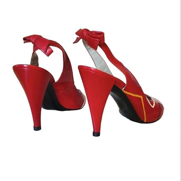 Charles Jourdan VTG 1970s Red Colorful Abstract Leather Slingback Heels Size 8 - Picture 5 of 17